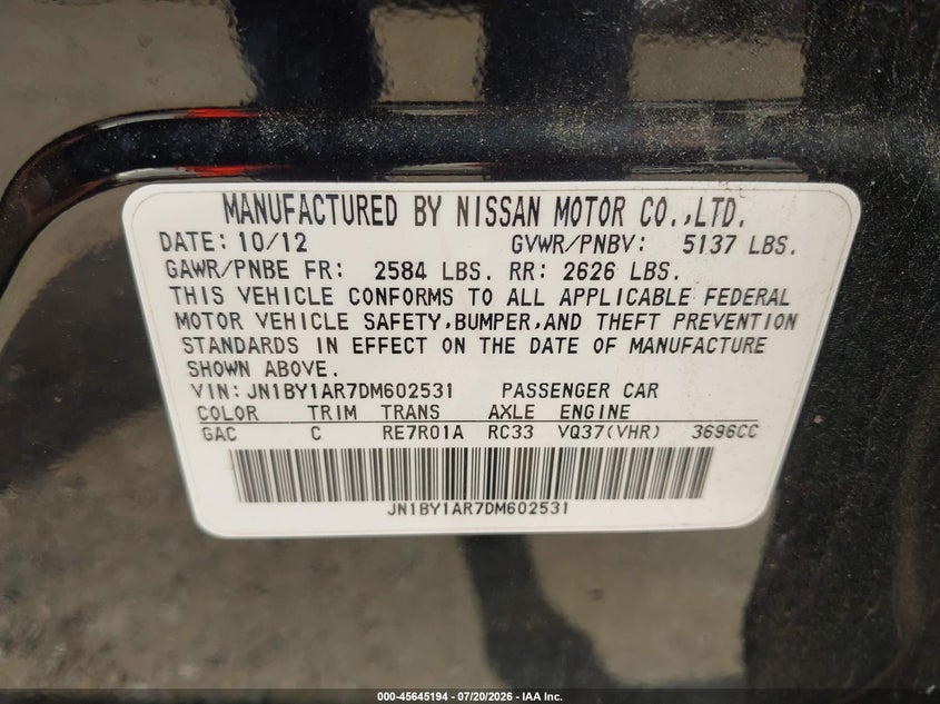 2013 Infiniti M37 VIN JN1BY1AR7DM602531 IAAI salvage auction — NORMAL WEAR, Clear (Maryland), sold $25 on 2026-07-29 (photo 9)