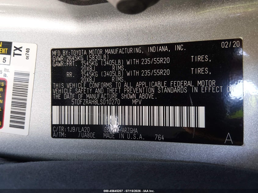 2020 Toyota Highlander VIN 5TDFZRAH8LS010270 IAAI salvage auction — FRONT END, Salvage (California), sold $9,400 on 2026-07-29 (photo 9)