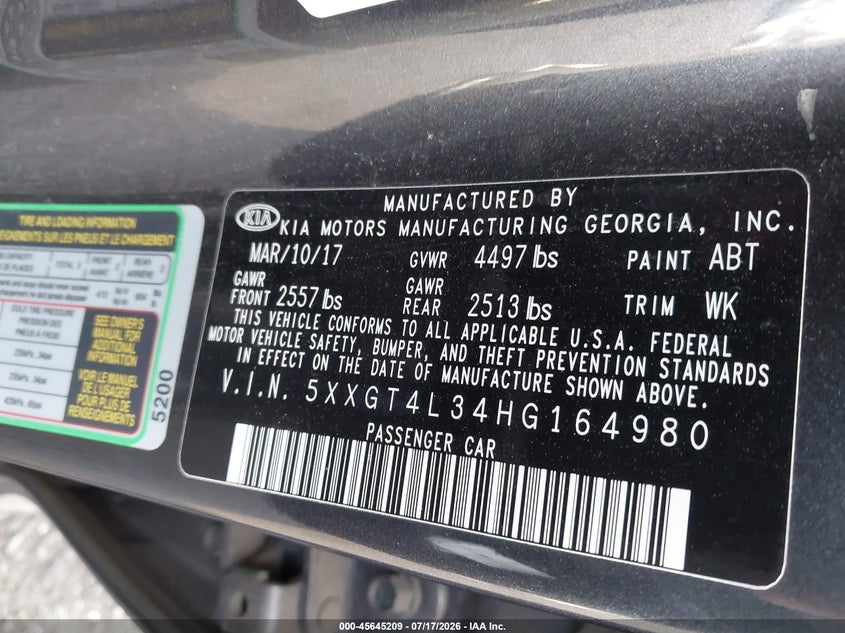 2017 Kia Optima VIN 5XXGT4L34HG164980 IAAI salvage auction — THEFT, Salvage Title, sold $25 on 2026-07-24 (photo 9)