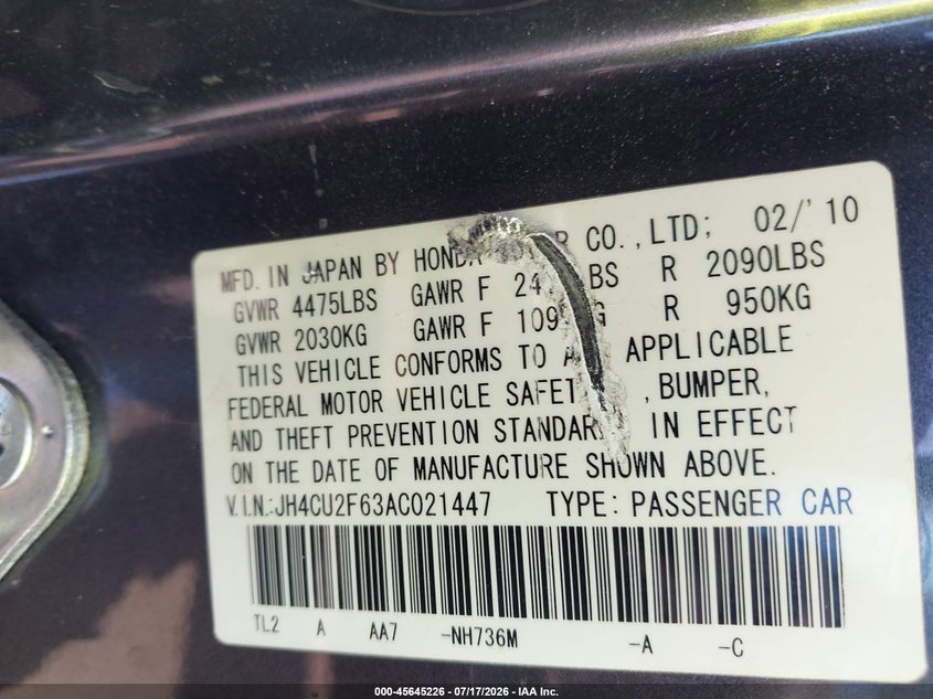 2010 Acura Tsx VIN JH4CU2F63AC021447 IAAI salvage auction — RIGHT SIDE, Salvage Certificate (California), sold $900 on 2026-07-31 (photo 9)