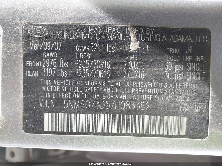 2007 Hyundai Santa fe VIN 5NMSG73D57H083382 IAAI salvage auction — FRONT END, Mv-907A (New York), sold $775 on 2026-07-25 (photo 9)