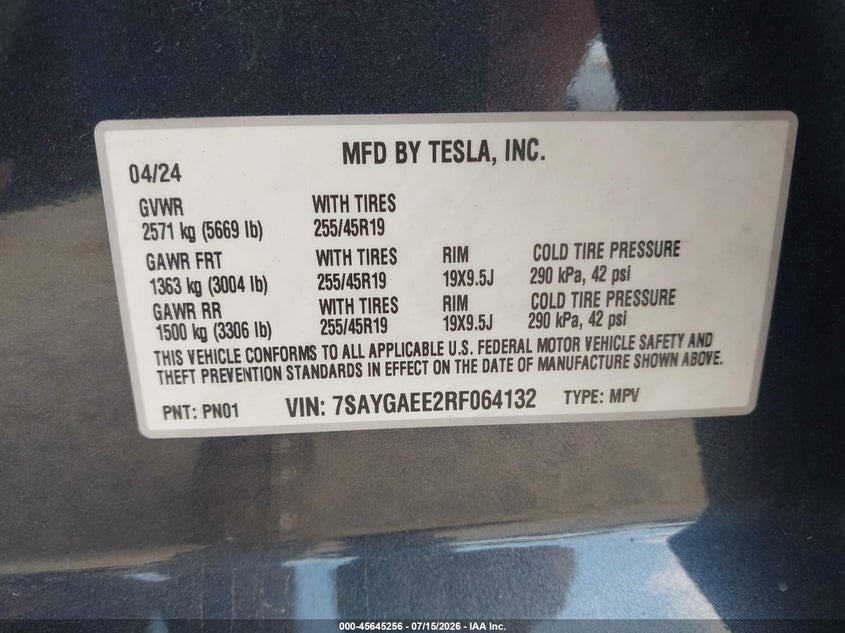 2024 Tesla Model y VIN 7SAYGAEE2RF064132 IAAI salvage auction — LEFT REAR, Bill Of Sale (Washington), sold $16,700 on 2026-07-30 (photo 9)