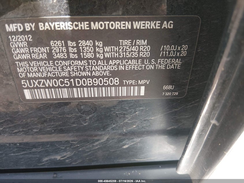 2013 BMW X5 VIN 5UXZW0C51D0B90508 IAAI salvage auction — NORMAL WEAR, Clear-Dealer Only (Oregon), sold $500 on 2026-07-31 (photo 9)