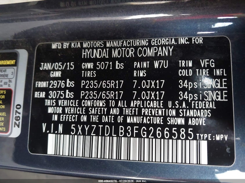 2015 Hyundai Santa fe VIN 5XYZTDLB3FG266585 IAAI salvage auction — NORMAL WEAR, Clear - Dealer Only (California), sold $25 on 2026-07-28 (photo 9)