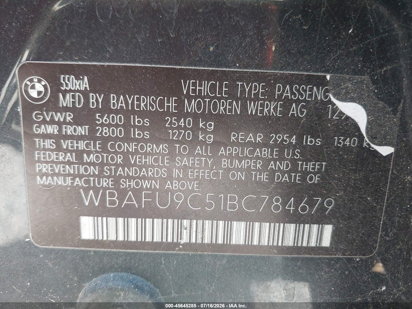 2011 BMW 5 series VIN WBAFU9C51BC784679 IAAI salvage auction — NORMAL WEAR, Clear (Alabama), sold $500 on 2026-07-29 (photo 9)