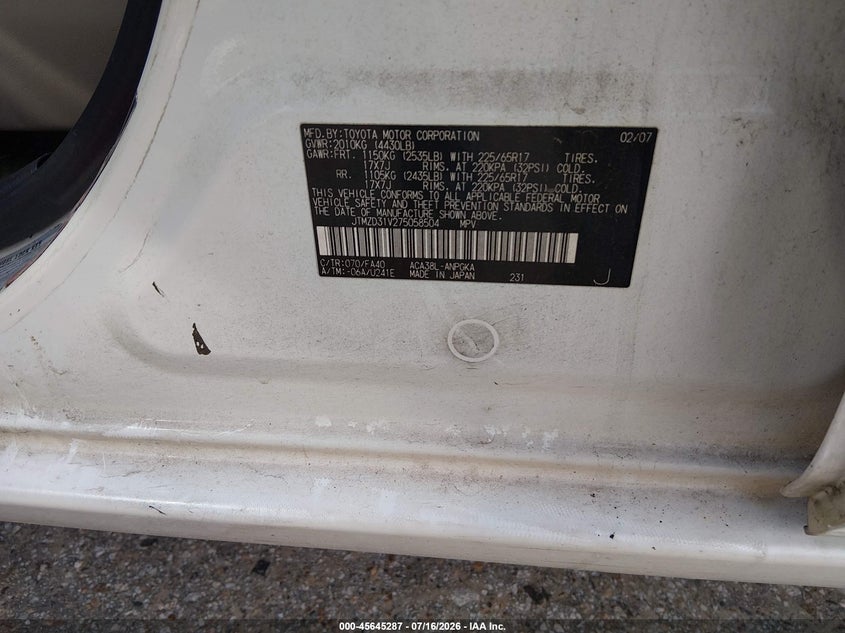 2007 Toyota Rav4 VIN JTMZD31V275058504 IAAI salvage auction — NORMAL WEAR, Original (Texas), sold $25 on 2026-07-22 (photo 9)
