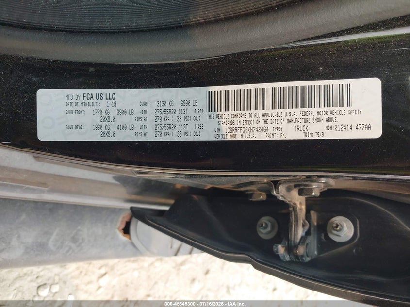 2019 Ram 1500 VIN 1C6RRFFG0KN742464 IAAI salvage auction — FRONT END, Clear (Wisconsin), sold $8,600 on 2026-07-23 (photo 9)