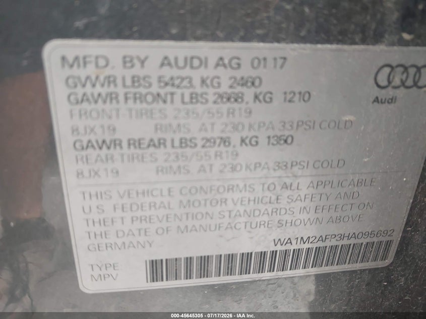 2017 Audi Q5 VIN WA1M2AFP3HA095692 IAAI salvage auction — NORMAL WEAR, Original (Ohio), sold $1,550 on 2026-07-28 (photo 9)