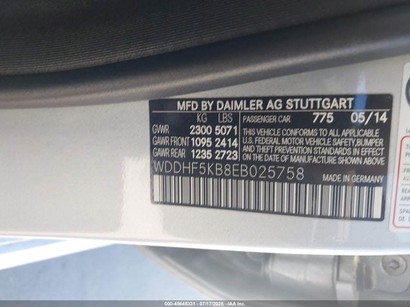 2014 Mercedes-benz E-class VIN WDDHF5KB8EB025758 IAAI salvage auction — NORMAL WEAR, Clear - Dealer Only (California), sold $500 on 2026-07-29 (photo 9)