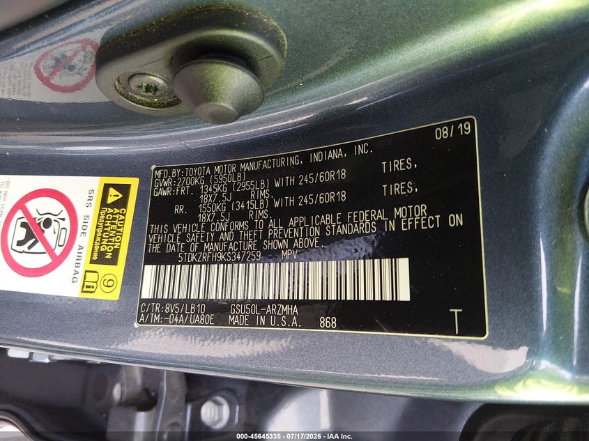 2019 Toyota Highlander VIN 5TDKZRFH9KS347259 IAAI salvage auction — RIGHT FRONT, Salvage Certificate (California), sold $8,250 on 2026-07-31 (photo 9)