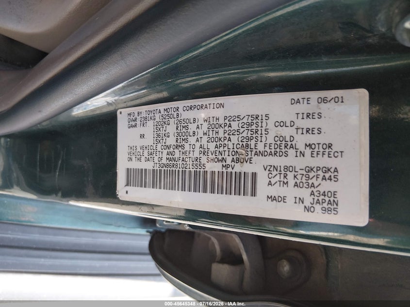 2001 Toyota 4runner VIN JT3GN86R810215555 IAAI salvage auction — Unknown, Salvage (California), sold $1,100 on 2026-07-29 (photo 9)