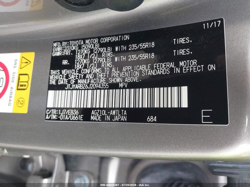 2018 Lexus Nx VIN JTJYARBZ6J2094355 IAAI salvage auction — RIGHT FRONT, Salvage Title, sold $6,500 on 2026-07-24 (photo 9)