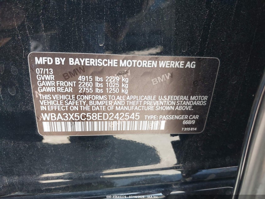 2014 BMW 3er VIN WBA3X5C58ED242545 IAAI salvage auction — LEFT FRONT, Salvage Certificate (California), sold $2,700 on 2026-07-31 (photo 9)