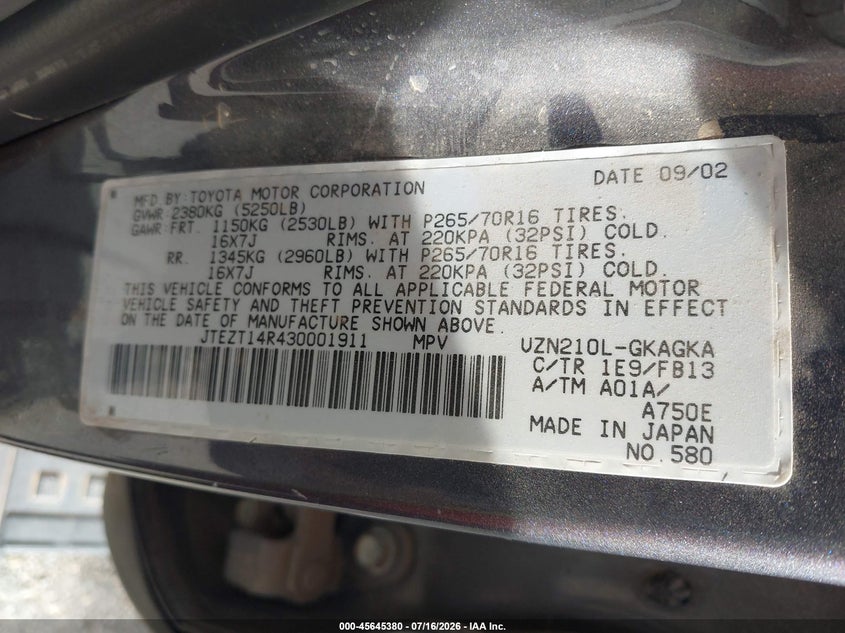 2003 Toyota 4runner VIN JTEZT14R430001911 IAAI salvage auction — NORMAL WEAR, Original (Texas), sold $1,100 on 2026-07-28 (photo 9)