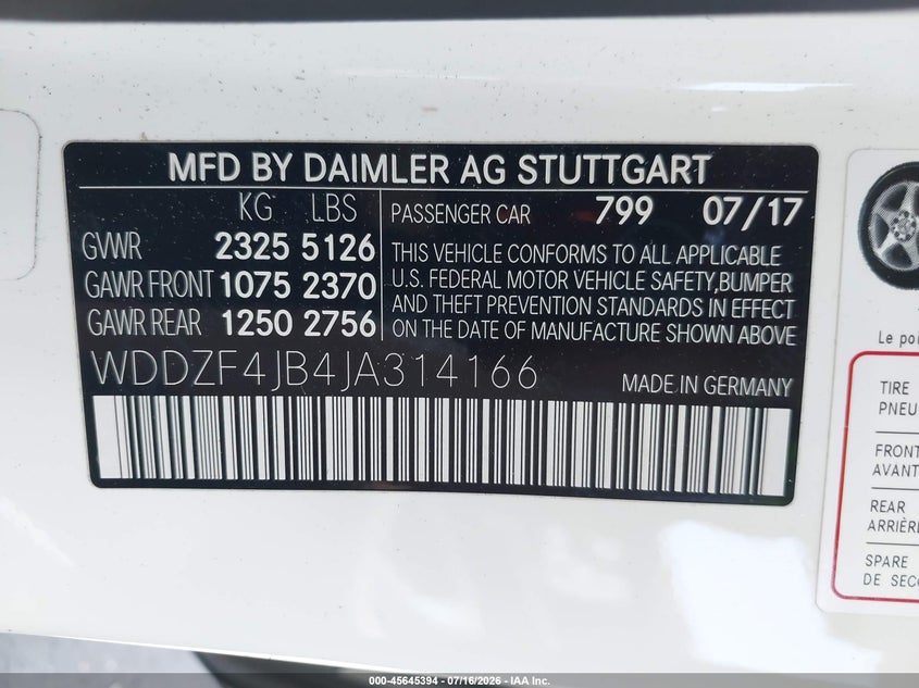 2018 Mercedes-benz E-klasse VIN WDDZF4JB4JA314166 IAAI salvage auction — FRONT END, Salvage Title, sold $10,100 on 2026-08-19 (photo 9)