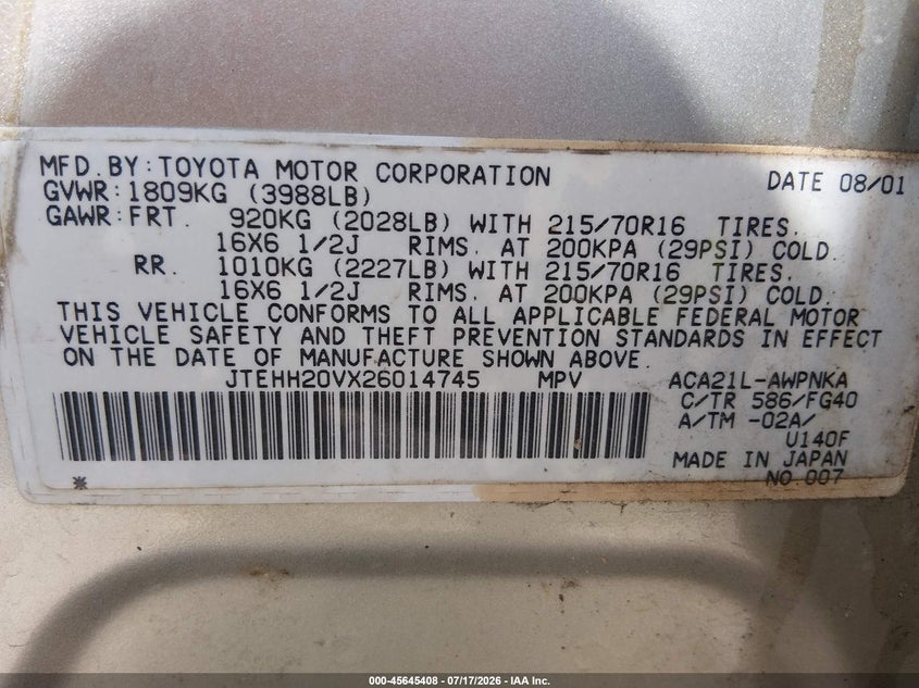 2002 Toyota Rav4 VIN JTEHH20VX26014745 IAAI salvage auction — NORMAL WEAR, Clear (Kansas), sold $25 on 2026-07-29 (photo 9)