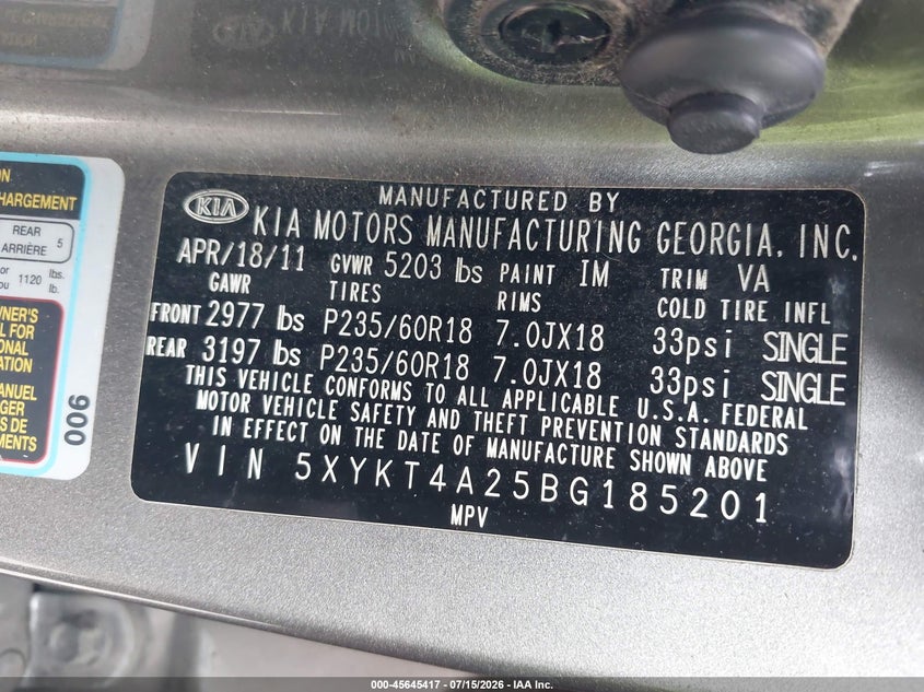 2011 Kia Sorento VIN 5XYKT4A25BG185201 IAAI salvage auction — NORMAL WEAR, Clear (Georgia), sold $675 on 2026-07-23 (photo 9)