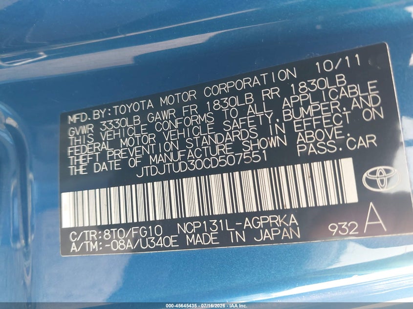 2012 Toyota Yaris VIN JTDJTUD30CD507551 IAAI salvage auction — NORMAL WEAR, Clear (Maryland), sold $1,250 on 2026-07-30 (photo 9)