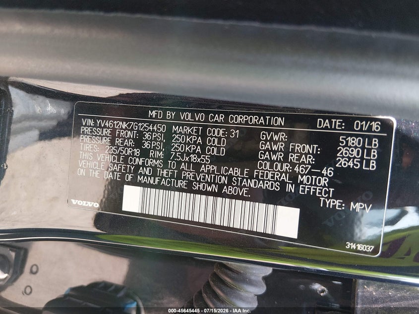 2016 Volvo Xc70 VIN YV4612NK7G1254450 IAAI salvage auction — NORMAL WEAR, Clear (Maryland), sold $3,900 on 2026-07-29 (photo 9)