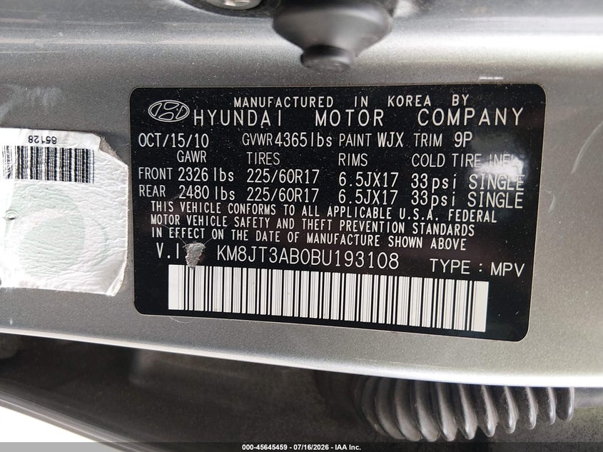 2011 Hyundai Tucson VIN KM8JT3AB0BU193108 IAAI salvage auction — NORMAL WEAR, Clear (New Jersey), sold $1,175 on 2026-07-27 (photo 9)