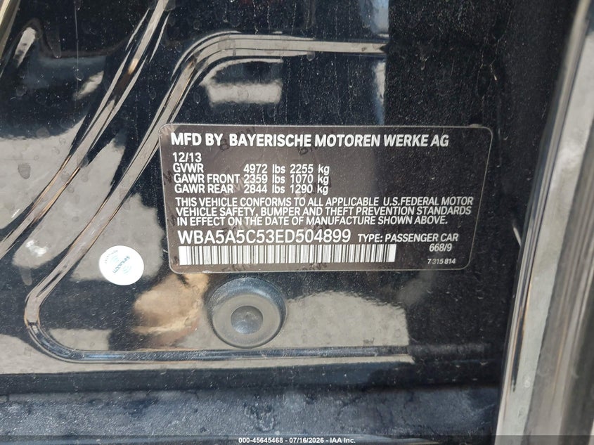 2014 BMW 5 series VIN WBA5A5C53ED504899 IAAI salvage auction — NORMAL WEAR, Clear - Dealer Only (California), sold $275 on 2026-07-30 (photo 9)