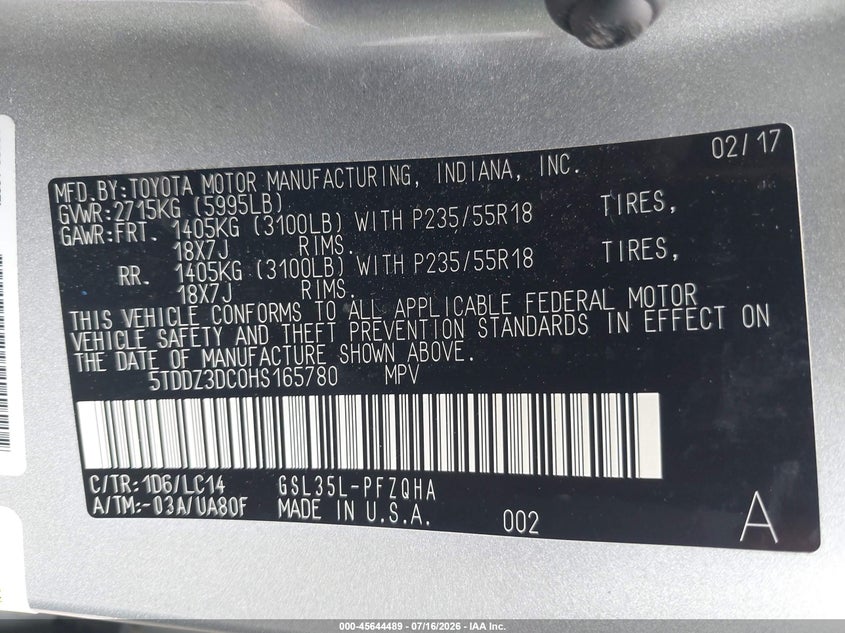 2017 Toyota Sienna VIN 5TDDZ3DC0HS165780 IAAI salvage auction — FRONT END, Salvage - Greater Than 75% (Maryland), sold $4,050 on 2026-08-02 (photo 9)
