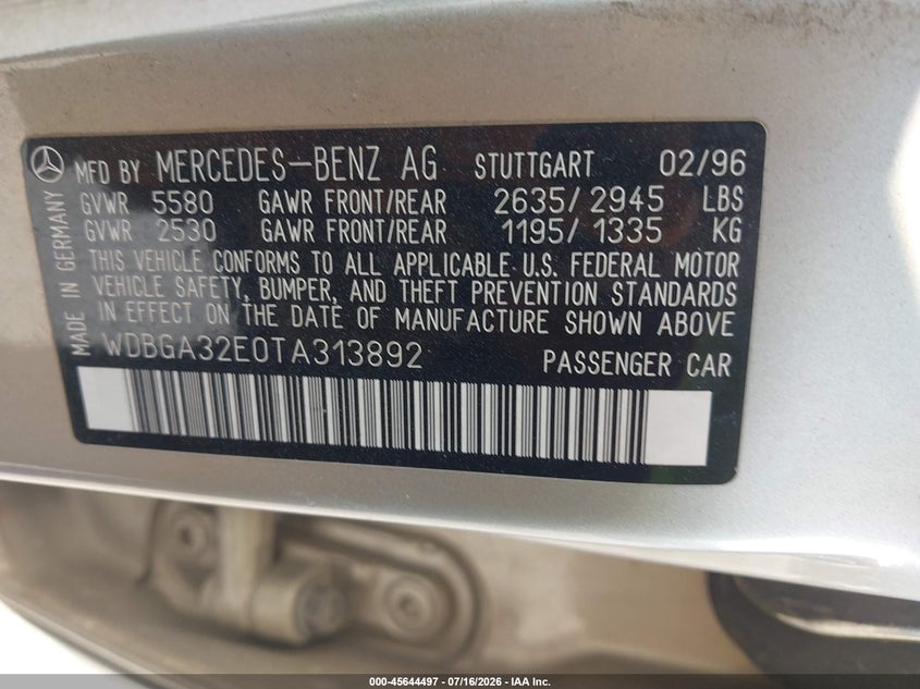 1996 Mercedes-benz S class VIN WDBGA32E0TA313892 IAAI salvage auction — NORMAL WEAR, Clear (Missouri), sold $1,450 on 2026-07-29 (photo 9)