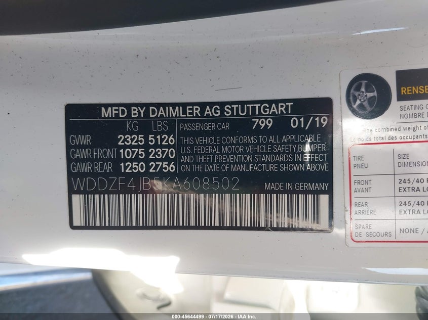 2019 Mercedes-benz E-klasse VIN WDDZF4JB5KA608502 IAAI salvage auction — FRONT END, Wait Title, sold $11,750 on 2026-08-28 (photo 9)