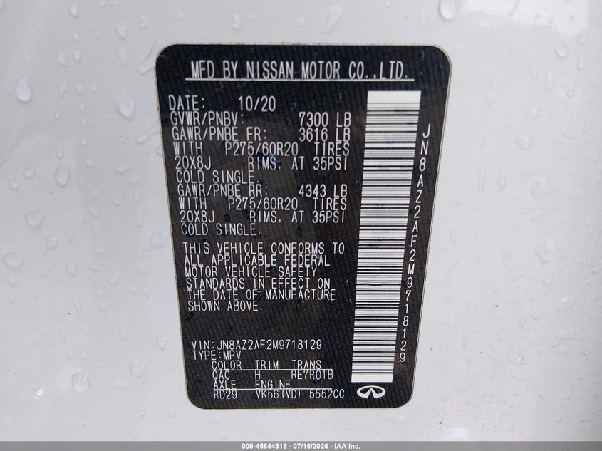 2021 Infiniti Qx80 VIN JN8AZ2AF2M9718129 IAAI salvage auction — ROLLOVER, Salvage (Arkansas), sold $9,850 on 2026-08-12 (photo 9)