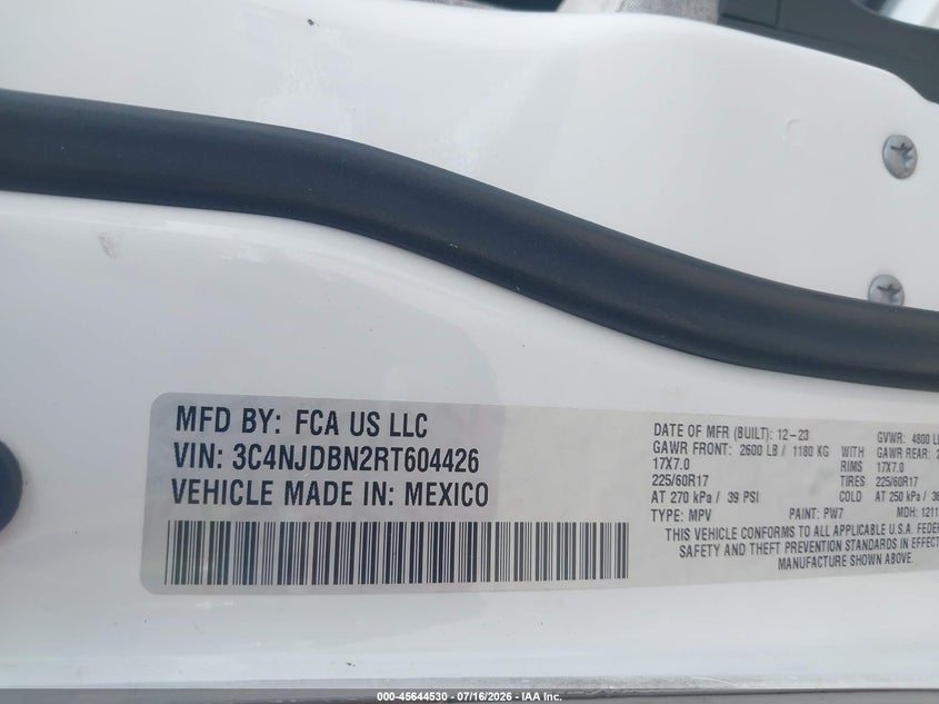 2024 Jeep Compass VIN 3C4NJDBN2RT604426 IAAI salvage auction — RIGHT FRONT, Salvage Title, sold $11,275 on 2026-07-22 (photo 9)