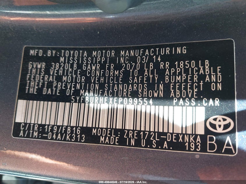 2014 Toyota Corolla VIN 5YFBURHEXEP099554 IAAI salvage auction — FRONT END, Salvage (California), sold $525 on 2026-07-28 (photo 9)