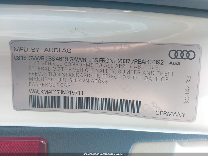 2018 Audi A4 VIN WAUKMAF47JN019711 IAAI salvage auction — REAR END, Salvage Certificate (California), sold $4,800 on 2026-09-08 (photo 9)