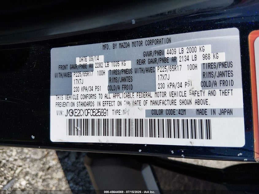 2015 Mazda Cx-5 VIN JM3KE2CY0F0525891 IAAI salvage auction — NORMAL WEAR, Clear (Illinois), sold $2,050 on 2026-07-20 (photo 9)