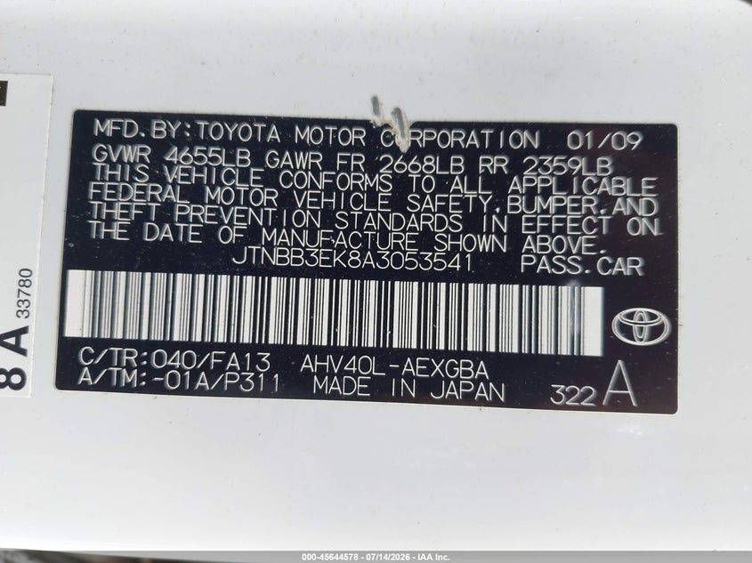 2010 Toyota Camry hybrid VIN JTNBB3EK8A3053541 IAAI salvage auction — NORMAL WEAR, Clear (Hawaii), sold $525 on 2026-07-28 (photo 9)