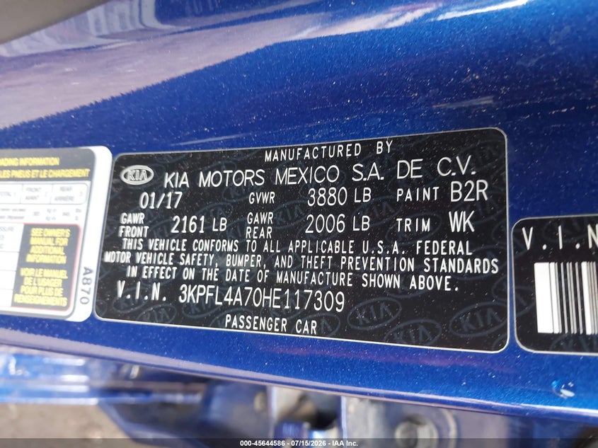 2017 Kia Forte VIN 3KPFL4A70HE117309 IAAI salvage auction — FRONT END, Salvage (Arizona), sold $25 on 2026-07-29 (photo 9)