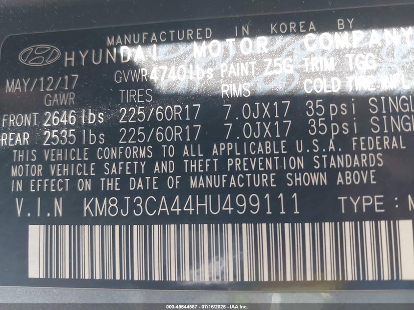 2017 Hyundai Tucson VIN KM8J3CA44HU499111 IAAI salvage auction — SIDE, Clear - Dealer Only (California), sold $775 on 2026-07-22 (photo 9)