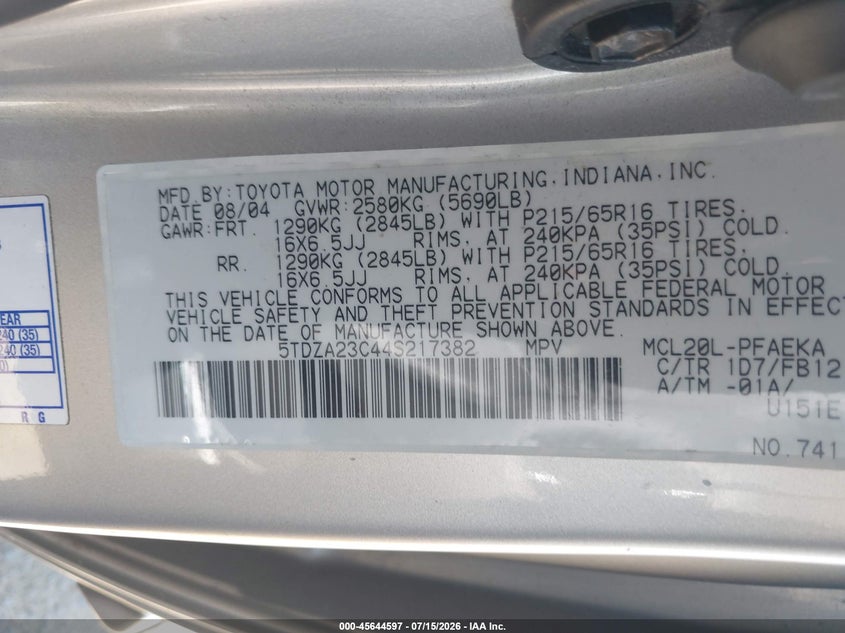 2004 Toyota Sienna VIN 5TDZA23C44S217382 IAAI salvage auction — NORMAL WEAR, Clear - Dealer Only (California), sold $625 on 2026-07-29 (photo 9)
