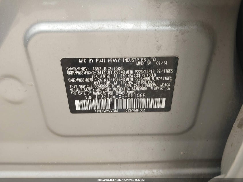 2014 Subaru Forester VIN JF2SJGMCXEH551985 IAAI salvage auction — NORMAL WEAR, Clear (Massachusetts), sold $1,000 on 2026-07-22 (photo 9)