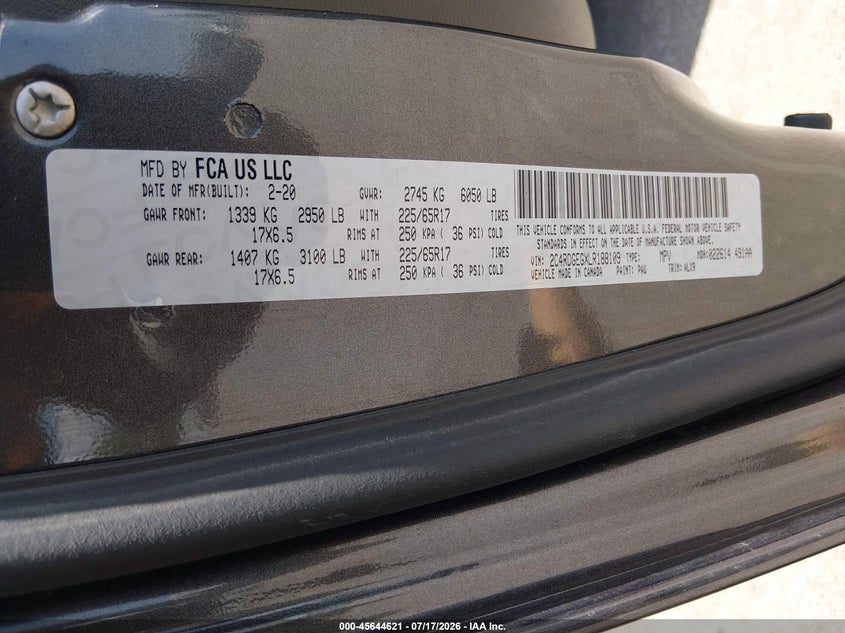 2020 Dodge Caravan VIN 2C4RDGEGXLR188109 IAAI salvage auction — FRONT END, Salvage (Tennessee), sold $25 on 2026-08-01 (photo 9)
