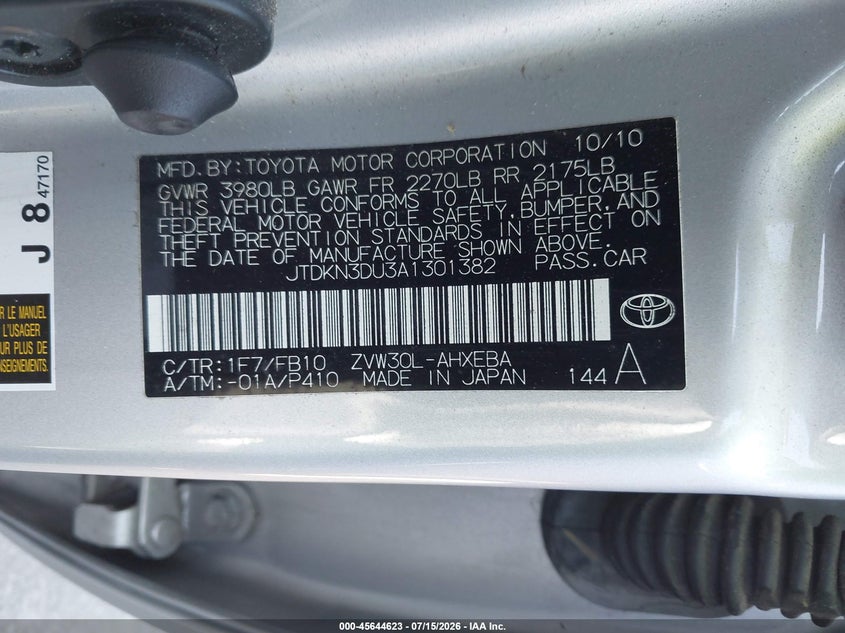 2010 Toyota Prius VIN JTDKN3DU3A1301382 IAAI salvage auction — UNKNOWN, Clear - Dealer Only (California), sold $125 on 2026-07-29 (photo 9)