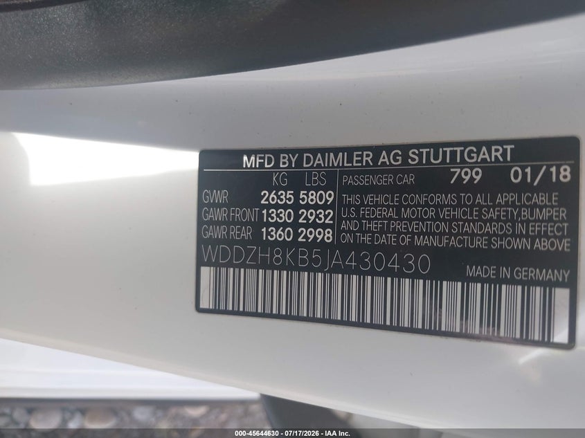 2018 Mercedes-benz VIN WDDZH8KB5JA430430 IAAI salvage auction — FRONT END, Wait Title, sold $19,800 on 2026-08-17 (photo 9)