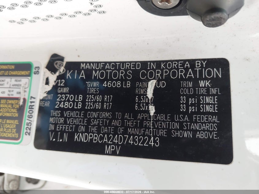 2013 Kia Sportage VIN KNDPBCA24D7432243 IAAI salvage auction — NORMAL WEAR, Clear (Pennsylvania), sold $1,550 on 2026-07-28 (photo 9)