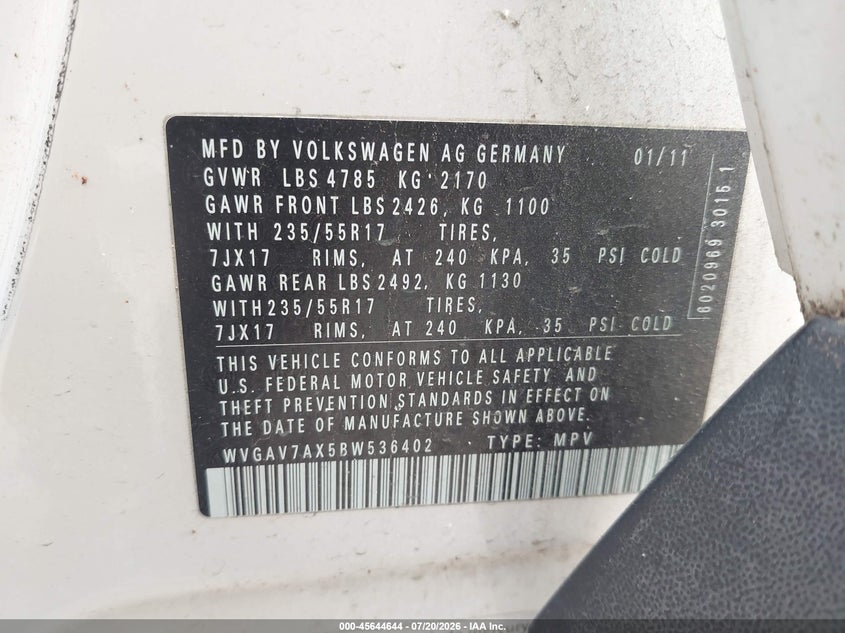 2011 Volkswagen Tiguan VIN WVGAV7AX5BW536402 IAAI salvage auction — NORMAL WEAR, Original (Texas), sold $175 on 2026-08-05 (photo 9)