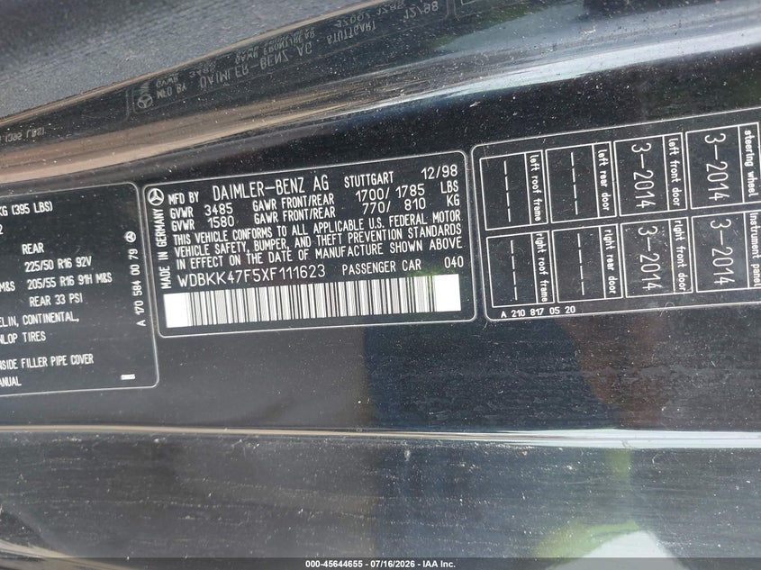 1999 Mercedes-benz Slk-class VIN WDBKK47F5XF111623 IAAI salvage auction — NORMAL WEAR, Original (Texas), sold $325 on 2026-07-30 (photo 9)
