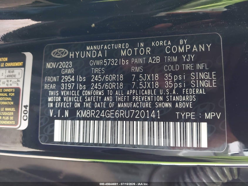2024 Hyundai Palisade VIN KM8R24GE6RU720141 IAAI salvage auction — REAR END, Enterprise Vehicles Clear Only (Florida), sold $13,600 on 2026-07-22 (photo 9)