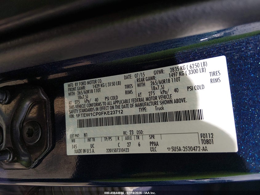 2015 Ford F-150 VIN 1FTEW1CP0FKE23712 IAAI salvage auction — RIGHT REAR, Salvage Title, sold $4,700 on 2026-09-27 (photo 9)