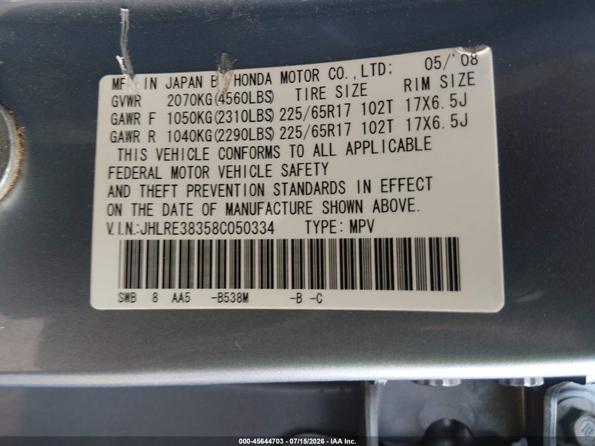 2008 Honda Cr-v VIN JHLRE38358C050334 IAAI salvage auction — RIGHT FRONT, Salvage (Arizona), sold $1,400 on 2026-07-25 (photo 9)