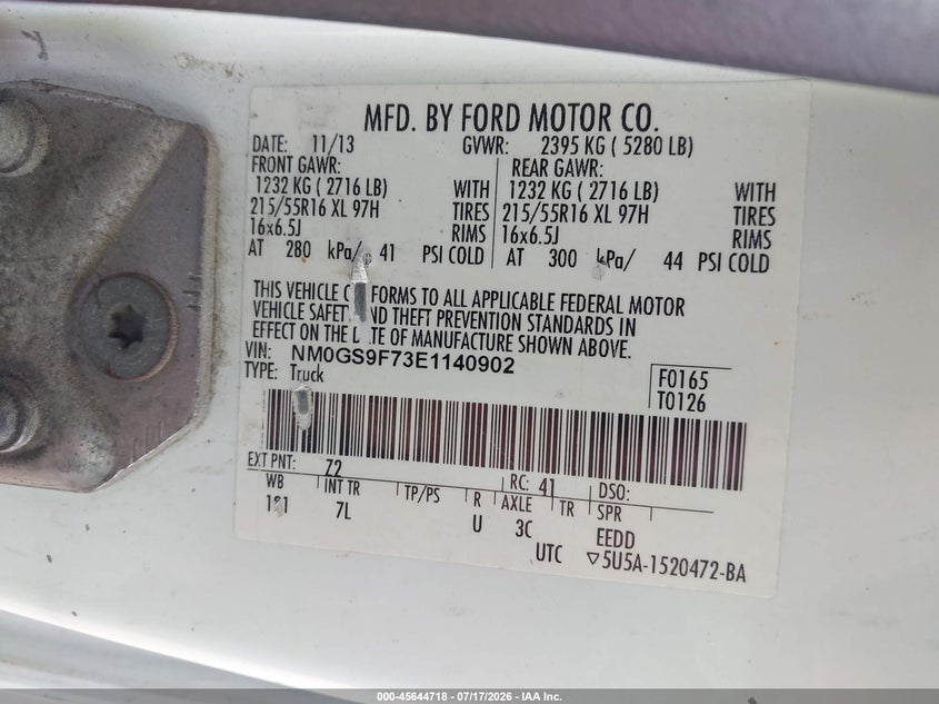 2014 Ford Transit VIN NM0GS9F73E1140902 IAAI salvage auction — NORMAL WEAR, Clear (Illinois), sold $625 on 2026-07-29 (photo 9)
