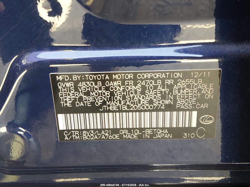 2013 Lexus Gs VIN JTHBE1BL2D5000774 IAAI salvage auction — LEFT SIDE, Salvage (California), sold $2,550 on 2026-07-29 (photo 9)