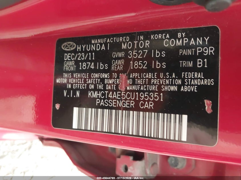 2012 Hyundai Accent VIN KMHCT4AE5CU195351 IAAI salvage auction — NORMAL WEAR, Clear (New York), sold $25 on 2026-07-28 (photo 9)